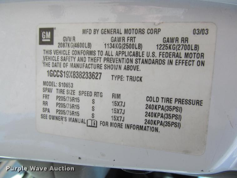 image for item K4936 2003 Chevrolet S10 Ext. Cab pickup truck