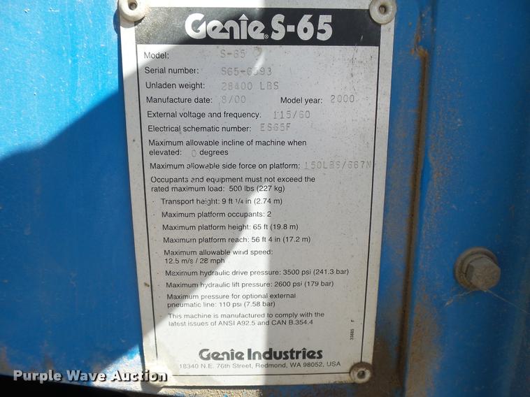 image for item DB1996 2000 Genie S-65 boom lift