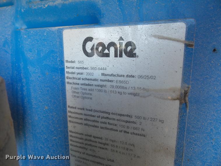 image for item L4702 2002 Genie S-65 boom lift