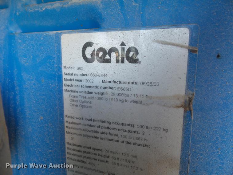 image for item L4702 2002 Genie S-65 boom lift