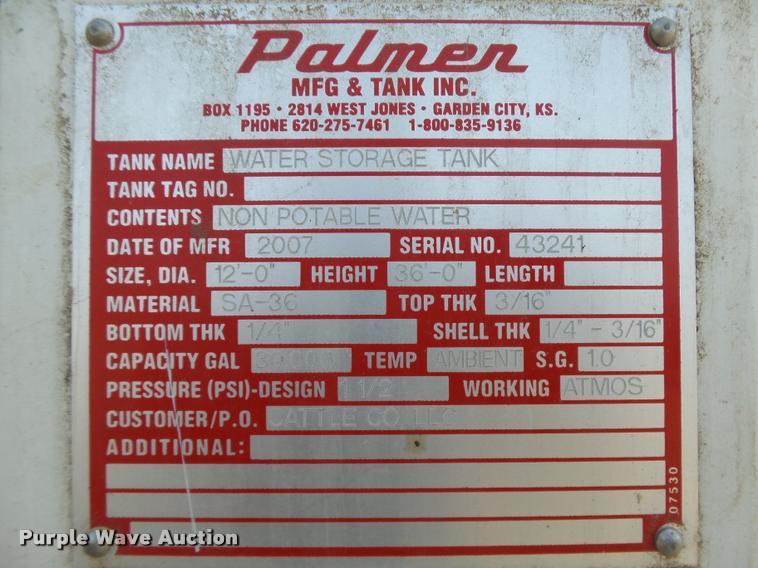 image for item DB2525 2007 Palmer steel water storage tank