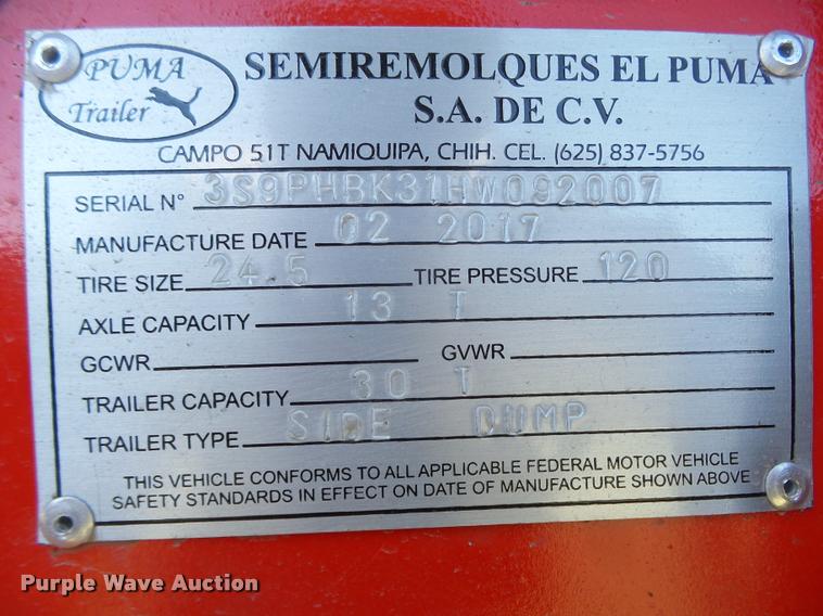 image for item DA0638 2017 Puma TD2350 side dump trailer