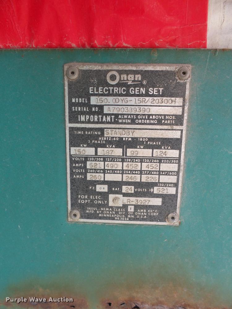 image for item DA4927 Onan 150.0DYG-15R/20300H generator