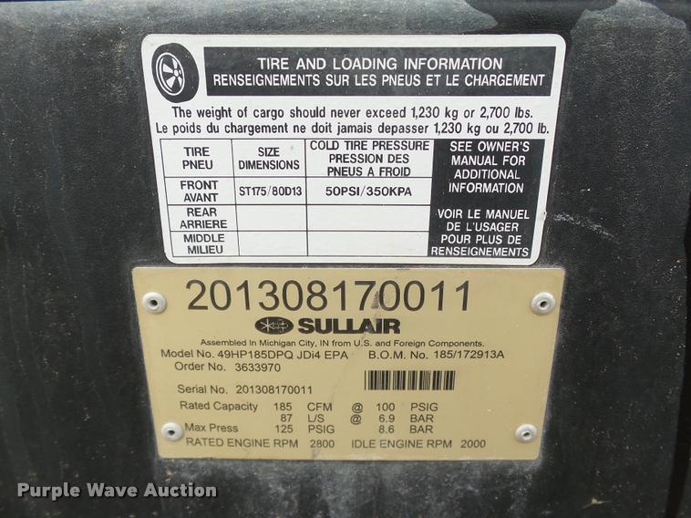 image for item DB0230 2013 Sullair 185DPQ air compressor