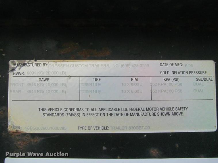 image for item K4784 2003 Dressen 830GBT-20 equipment trailer