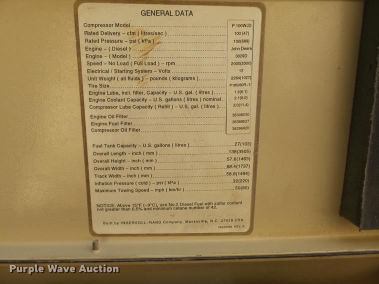 image for item K7649 1997 Ingersoll Rand P100WJD air compressor