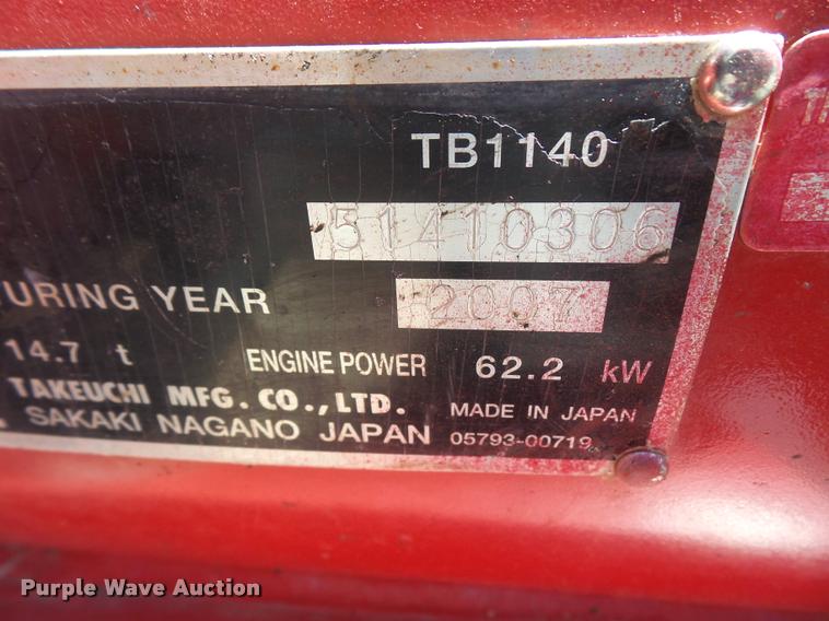 image for item DA6307 2008 Takeuchi TB1140 mini excavator