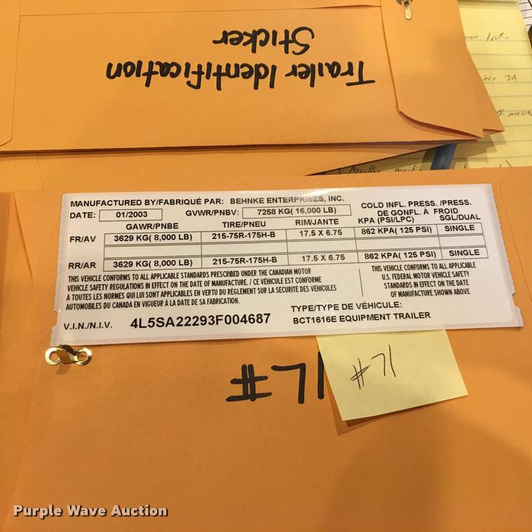 image for item DA3540 2003 Behnke equipment trailer