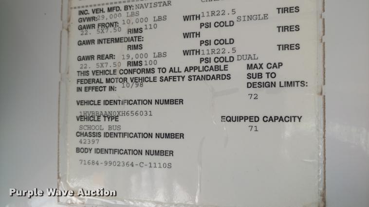 image for item DB0994 1999 International 3800 school bus