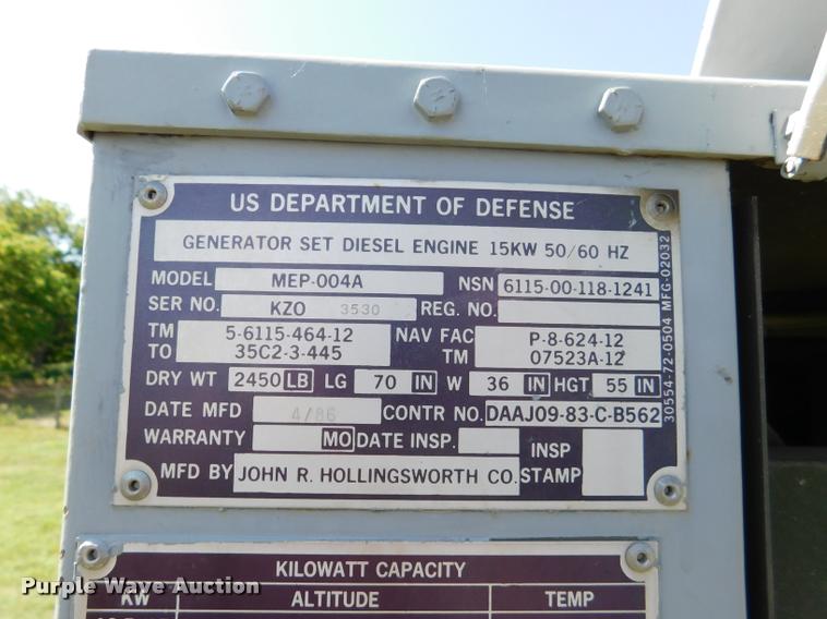 image for item DB9486 1986 John R. Hollingsworth Co. MEP-004A generator