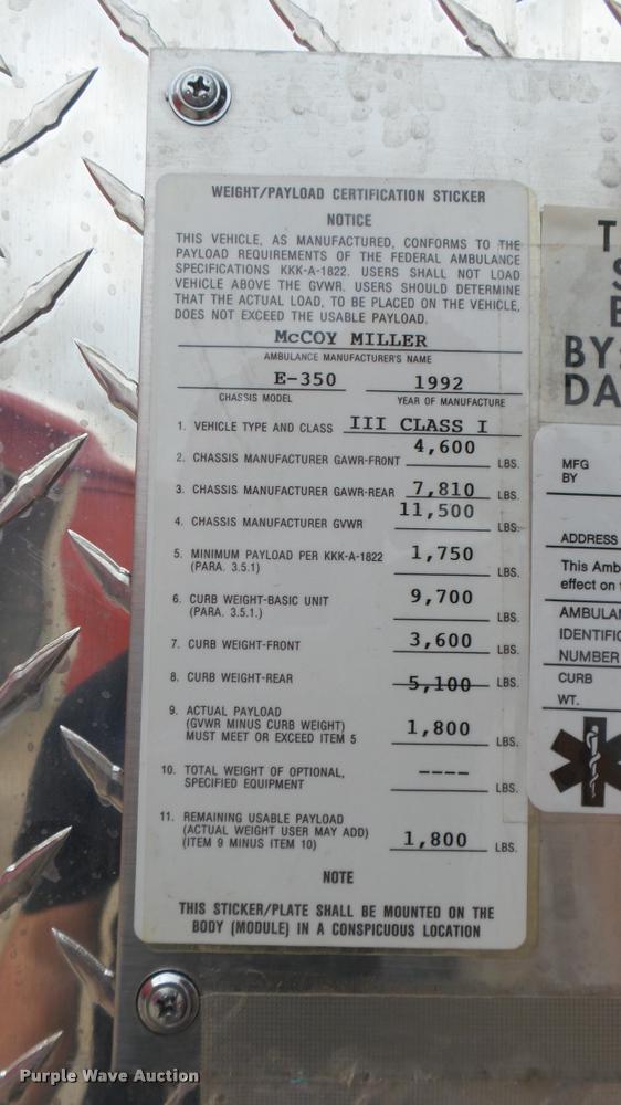 image for item DA7966 1992 Ford Econoline E350 ambulance