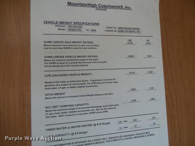 image for item DB5799 1999 Travel Eze TW38CC35 camper