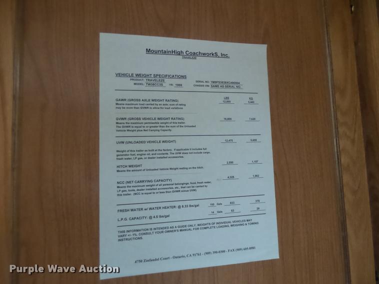 image for item DB5799 1999 Travel Eze TW38CC35 camper