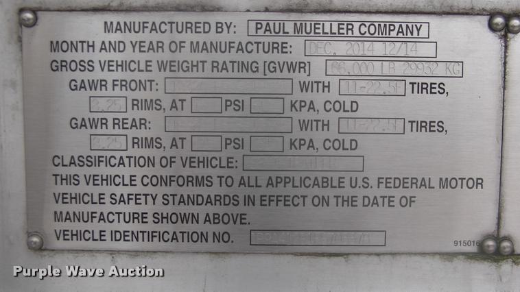 image for item DK9633 2015 Mueller 8400 tank trailer