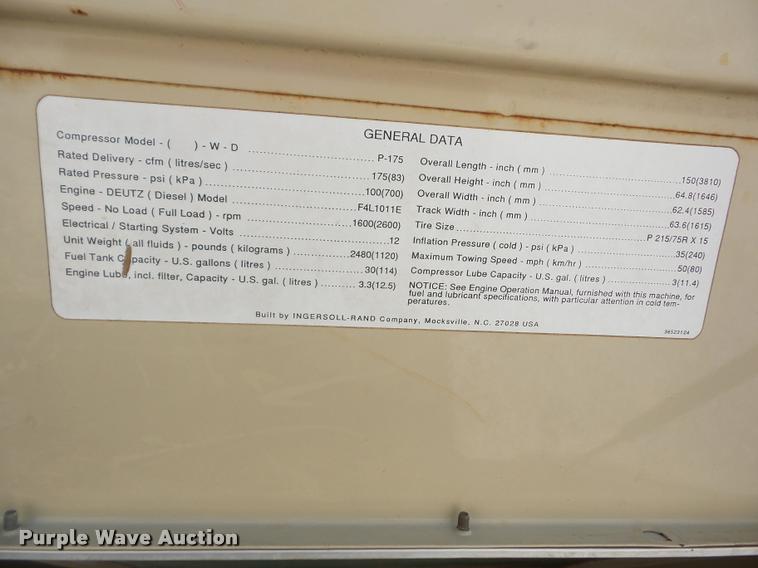 image for item J8613 1995 Ingersoll Rand 175WD air compressor