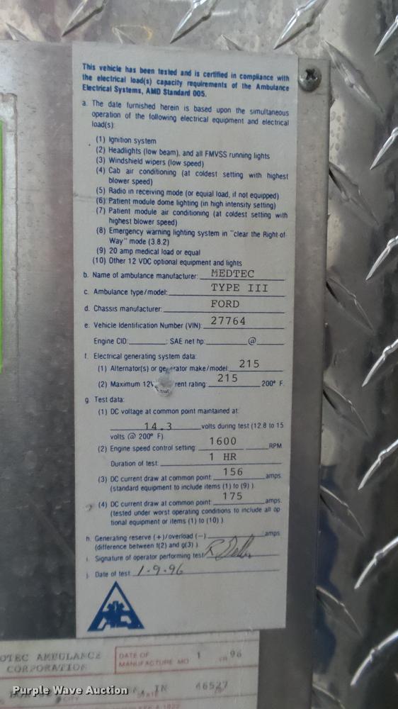 image for item DA1156 1996 Ford Econoline E350 ambulance