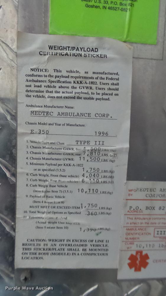 image for item DA1156 1996 Ford Econoline E350 ambulance