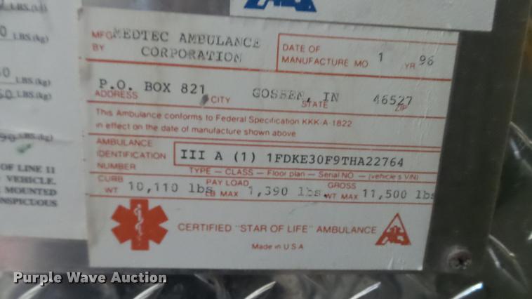 image for item DA1156 1996 Ford Econoline E350 ambulance