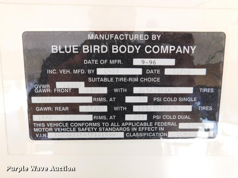 image for item DB9419 1996 Chevrolet G30 Blue Bird school bus