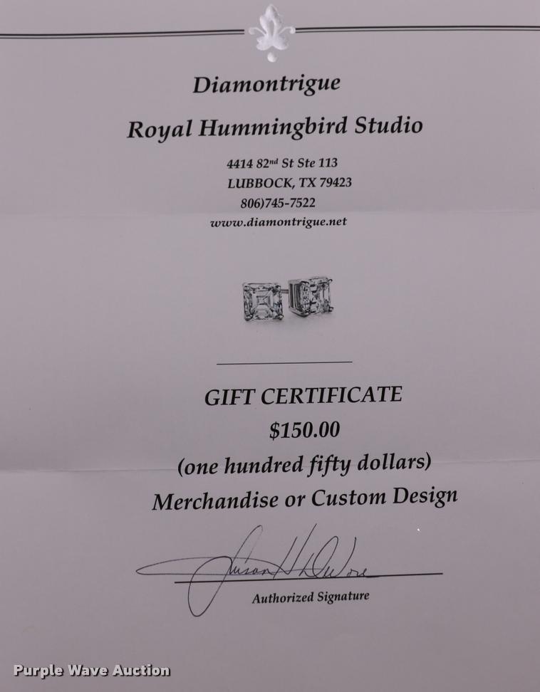 image for item G1274 $150 Gift Certificate for Diamontrigue or Royal Hummingbird Studio