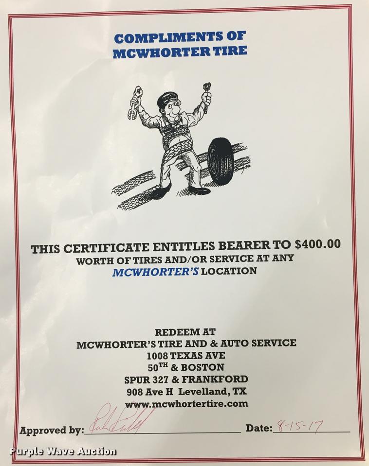 image for item G1338 McWhorther Tire $400 gift certificate
