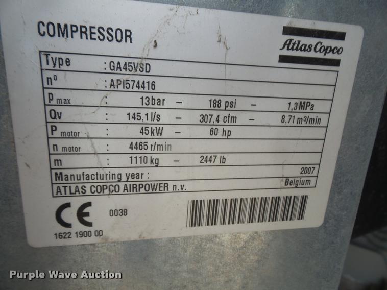 image for item DA1726 2007 Atlas Copco GA45VSD air compressor