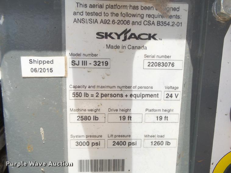 image for item DB7432 2015 Sky Jack SJIII 3219 scissor lift