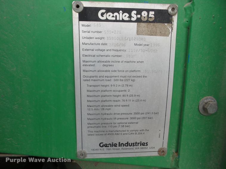 image for item K6460 1996 Genie S85 boom lift