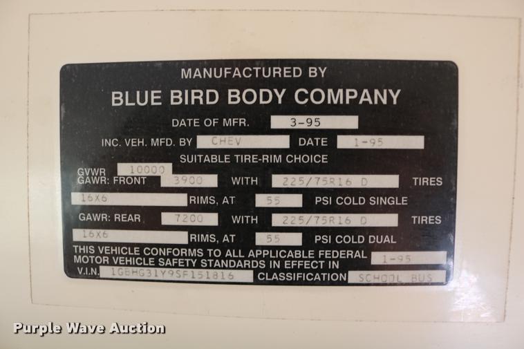 image for item DB9294 1995 Chevrolet G30 Blue Bird school bus