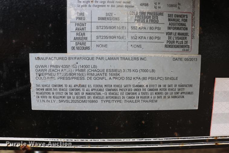 image for item DB9255 2013 Lamar utility trailer