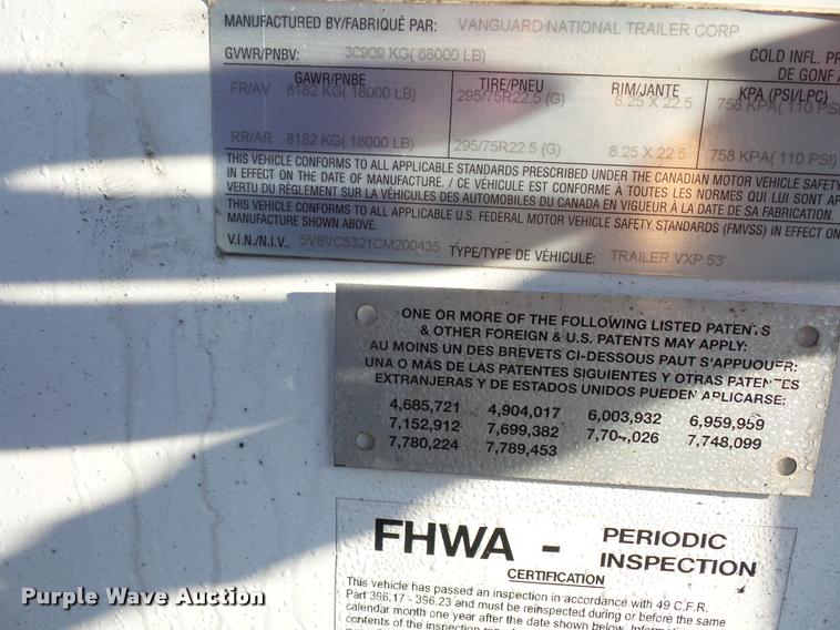 image for item DB6461 2012 Vanguard VXP dry van trailer