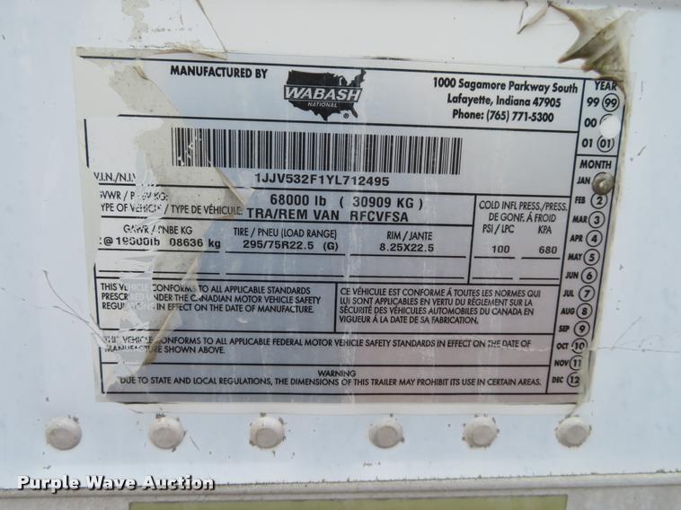 image for item DI9862 2000 Wabash refrigerated van trailer