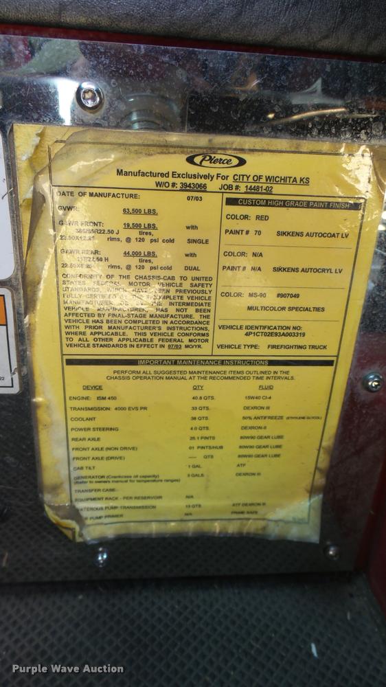 image for item L2266 2003 Pierce Quint ladder fire truck