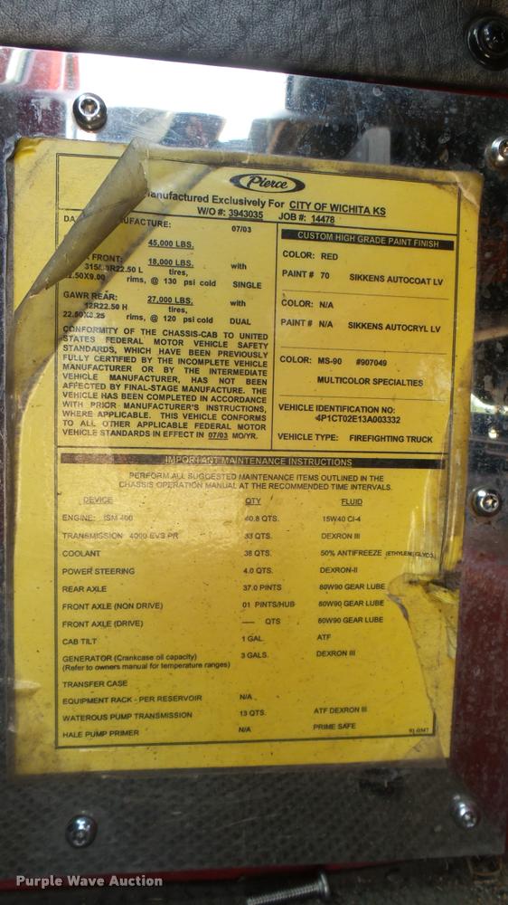 image for item L2269 2003 Pierce pumper fire truck