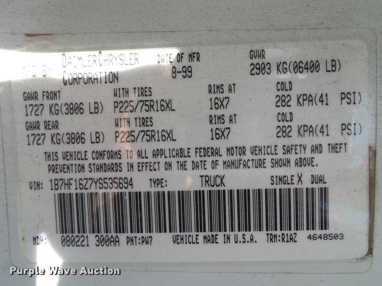 image for item DA2741 2000 Dodge Ram 1500 pickup truck