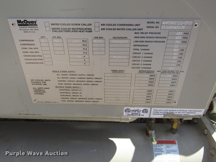 image for item DA3123 1999 McQuay water cooled reciprocating chiller/templifier heat pump