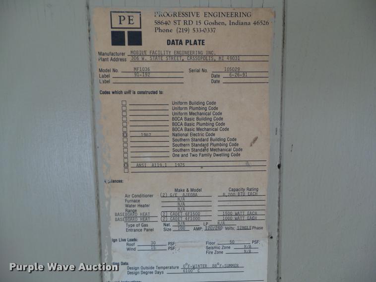 image for item DH9433 1991 MFEI MF1036 job site office trailer