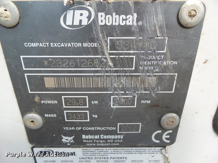 image for item DH9372 2002 Bobcat 334D compact excavator