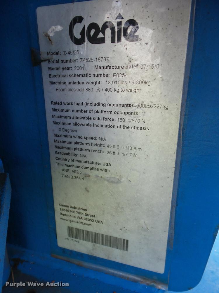 image for item K6420 2001 Genie Z45/25 boom lift