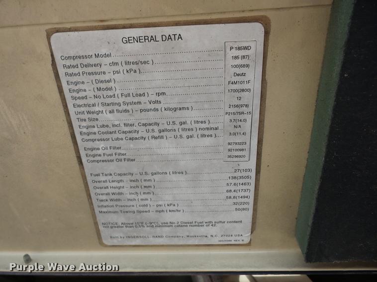 image for item K6423 1997 Ingersoll Rand 185 air compressor