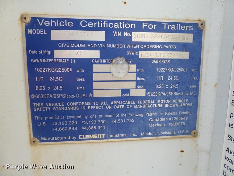 image for item L3236 2005 Clement Rockstar end dump trailer