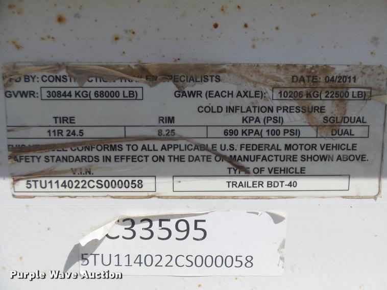 image for item DC3873 2012 Construction Specialist Packmule BDT-40 bottom dump trailer