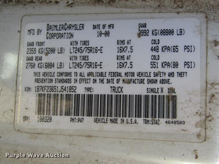 image for item DA3130 2001 Dodge Ram 2500 pickup truck