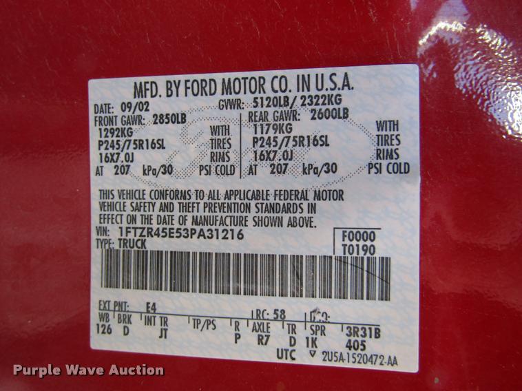 image for item DA3136 2003 Ford Ranger Ext. Cab pickup truck