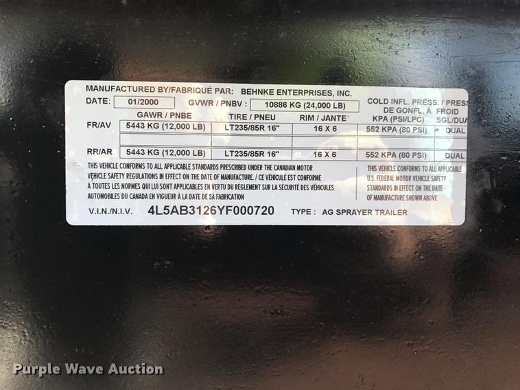 image for item DC2659 2000 B&B 24000 sprayer trailer