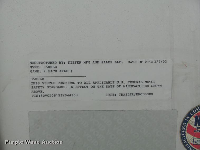 image for item DB6429 2003 Kiefer Built enclosed cargo trailer