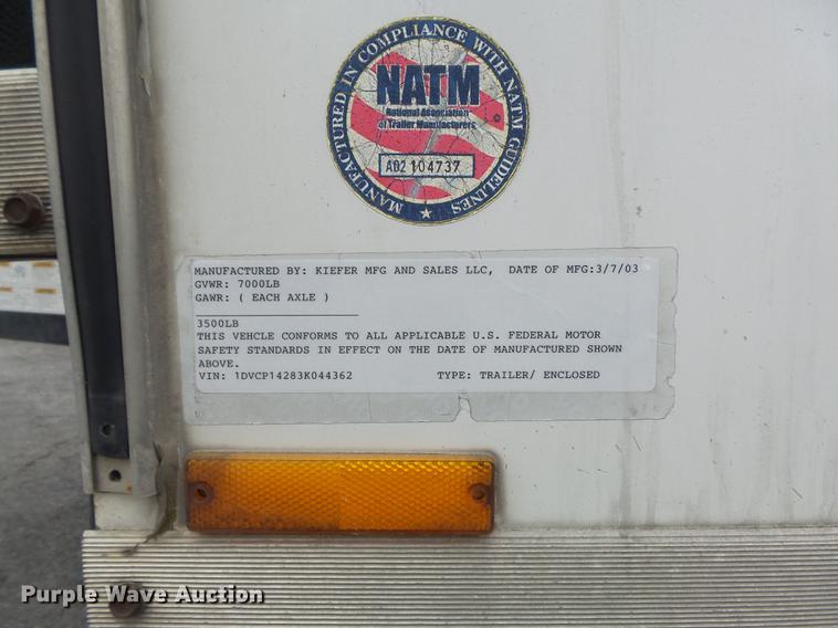 image for item DB6430 2003 Kiefer Built enclosed cargo trailer