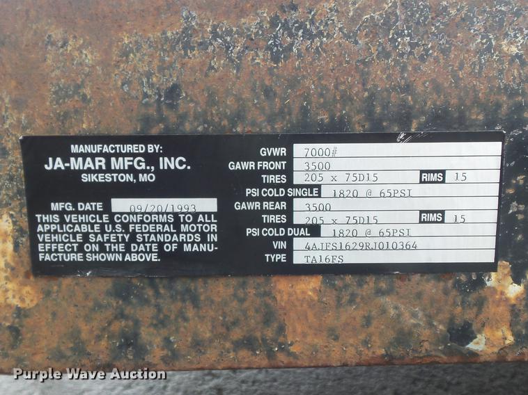 image for item DB6432 1994 Ja-Mar TA16FS utility trailer