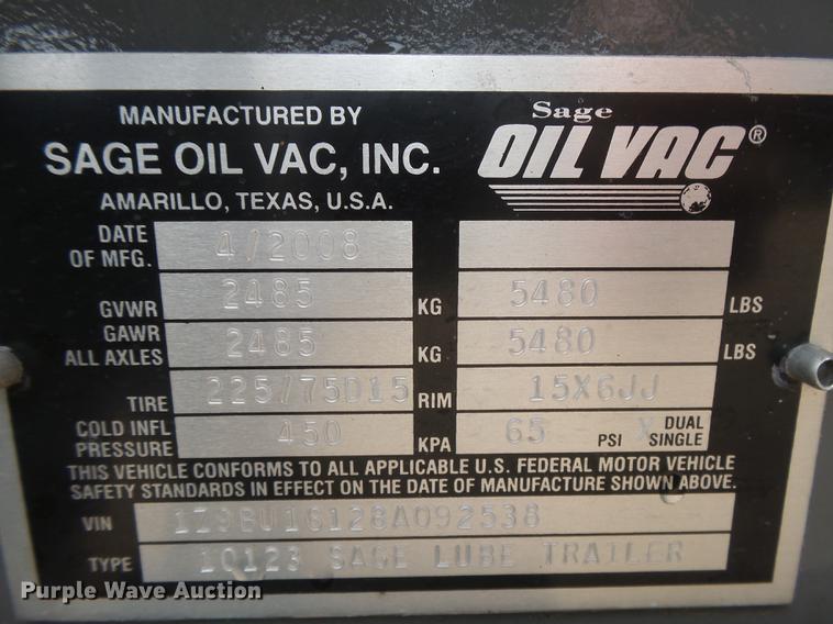 image for item DC3822 2008 Sage Oil Vac 10123 tank trailer