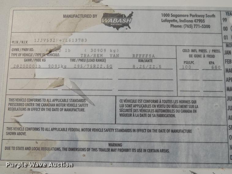 image for item EE9261 2000 Wabash National refrigerated van trailer